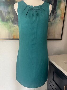 Sleeveless Teal Pleated-Neck Midi Dress - Spring, Business, professional size 2